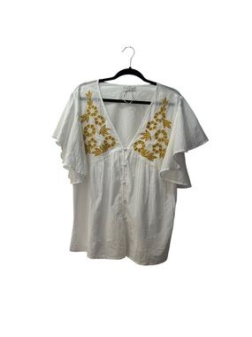 NWOT Arkitect White Embroidered Flutter Sleeve V-Neck Cotton Top XL